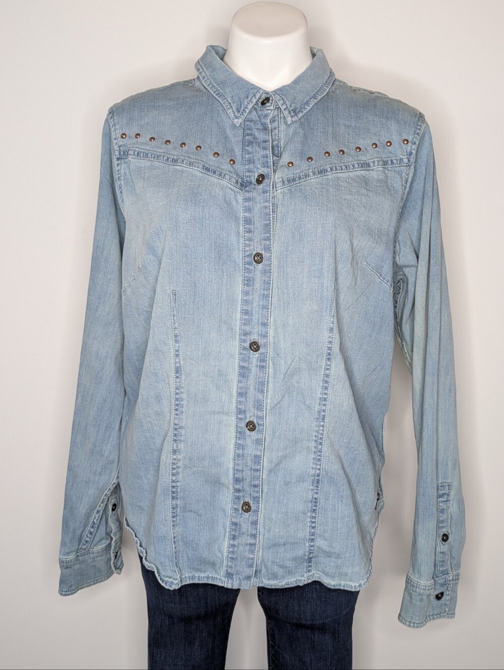 Harley Davidson Blue Denim Brown Embroidered Bronze Accent Button Up XL